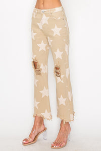 Haley (Khaki) Star-Printed Distressed RISEN Jeans