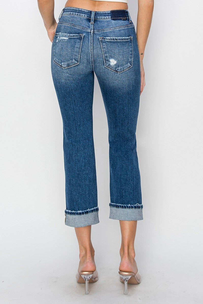 Amelia Mid Rise RISEN Straight Leg Cropped Distressed Jeans