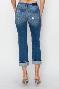 Amelia Mid Rise RISEN Straight Leg Cropped Distressed Jeans
