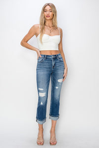 Amelia Mid Rise RISEN Straight Leg Cropped Distressed Jeans