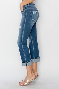Amelia Mid Rise RISEN Straight Leg Cropped Distressed Jeans