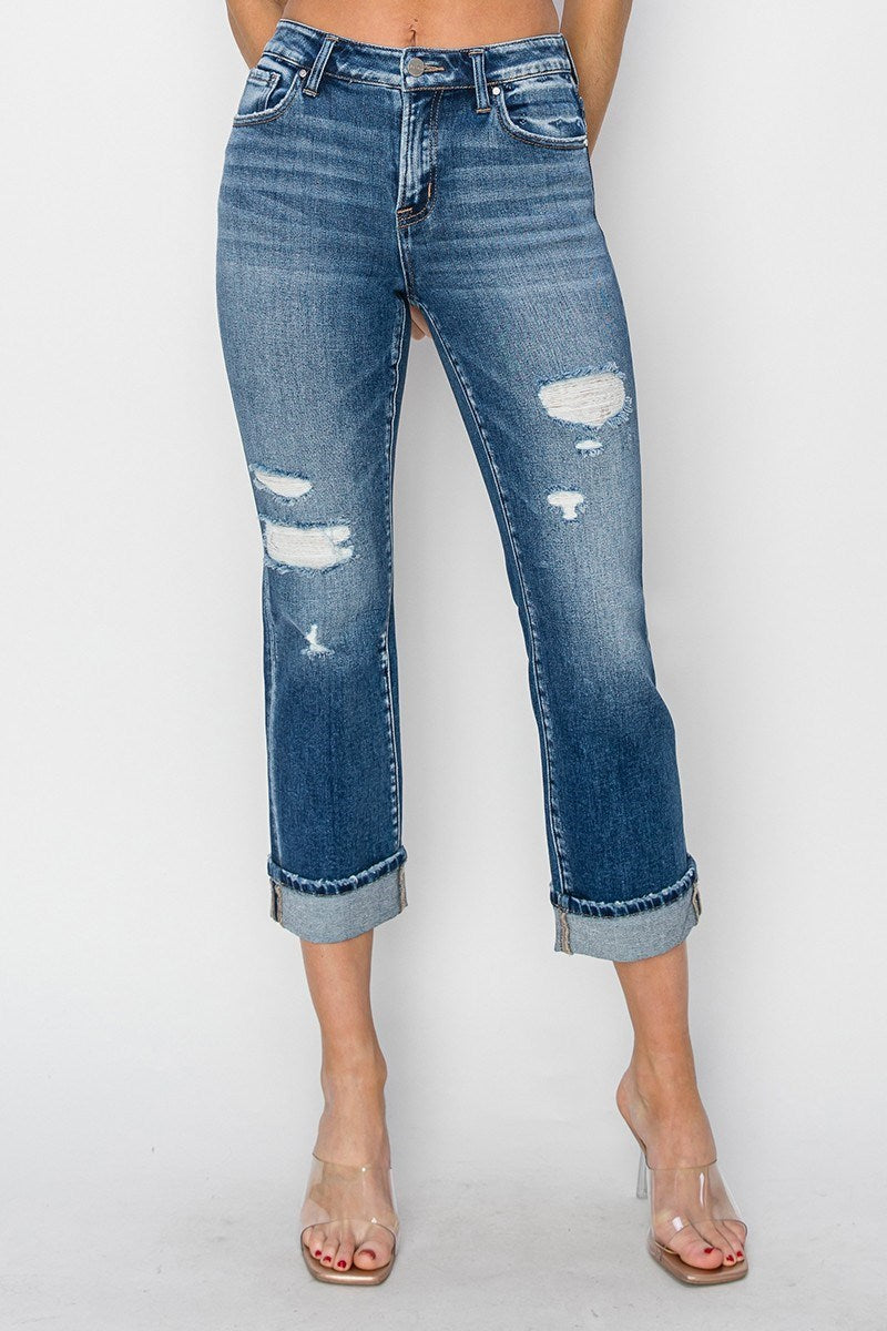 Amelia Mid Rise RISEN Straight Leg Cropped Distressed Jeans