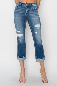 Amelia Mid Rise RISEN Straight Leg Cropped Distressed Jeans