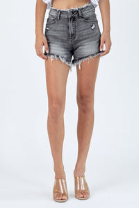 Distressed Grey High Rise Frayed Waist & Hem RISEN Shorts