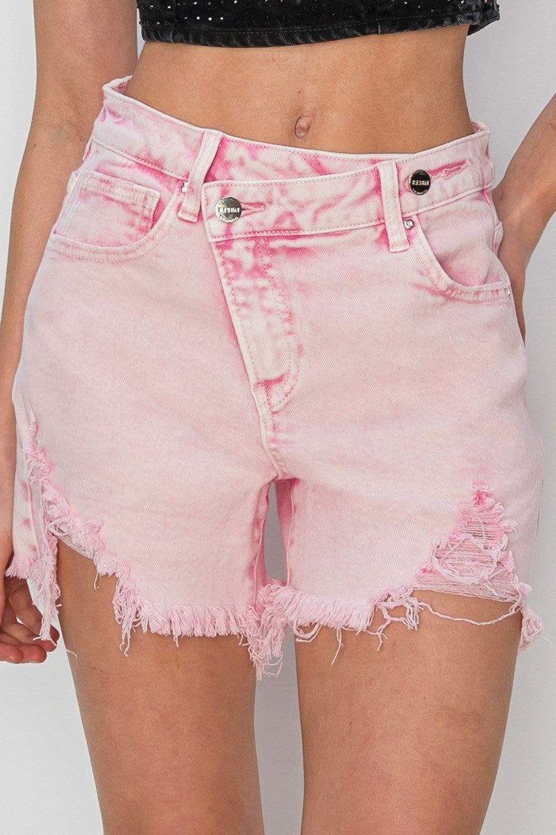 Sadie (Acid Pink) Crossover Distressed-Front RISEN Jean Shorts