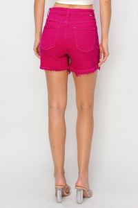 Sadie (Fuchsia) Crossover Distressed-Front RISEN Jean Shorts
