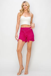 Sadie (Fuchsia) Crossover Distressed-Front RISEN Jean Shorts