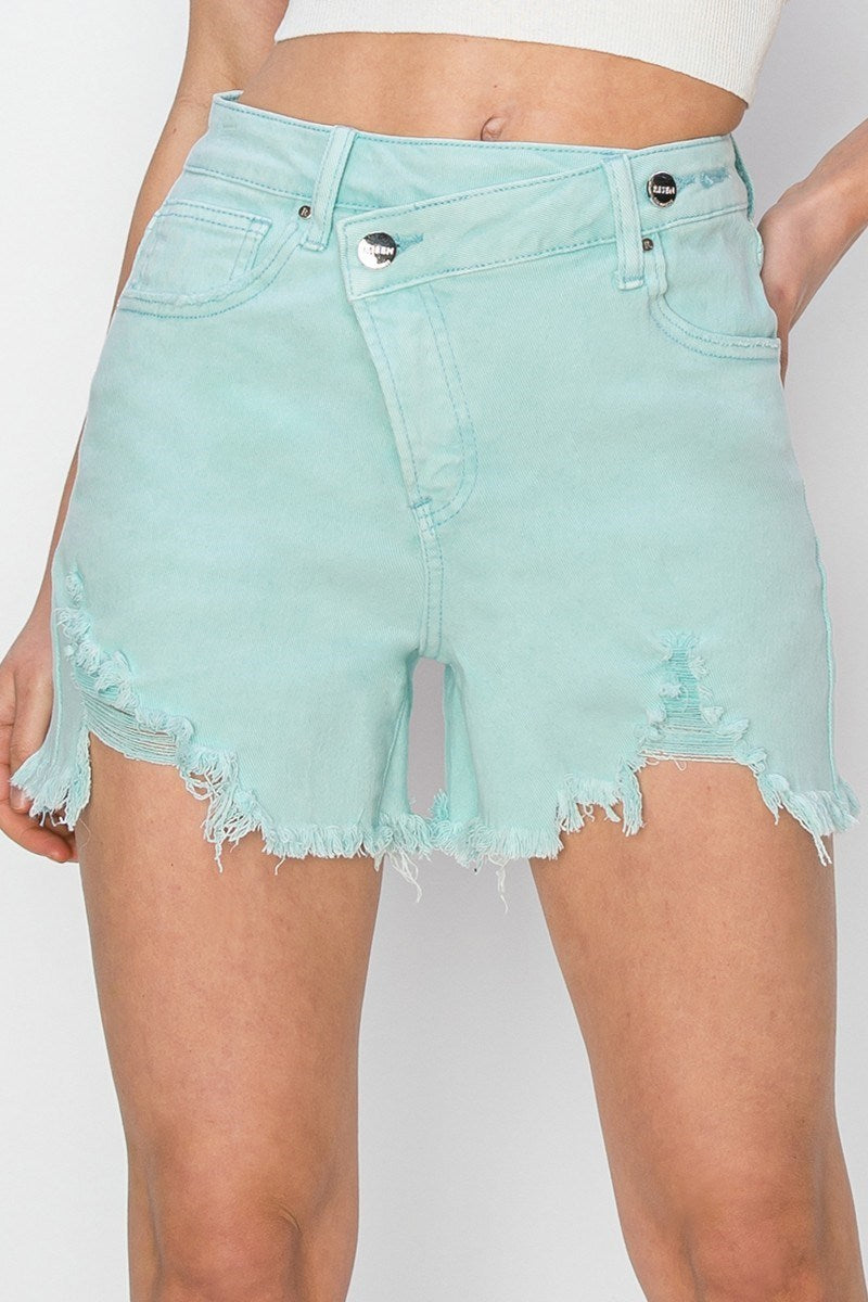 Sadie (Mint) Crossover Distressed-Front RISEN Jean Shorts