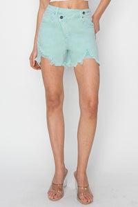 Sadie (Mint) Crossover Distressed-Front RISEN Jean Shorts