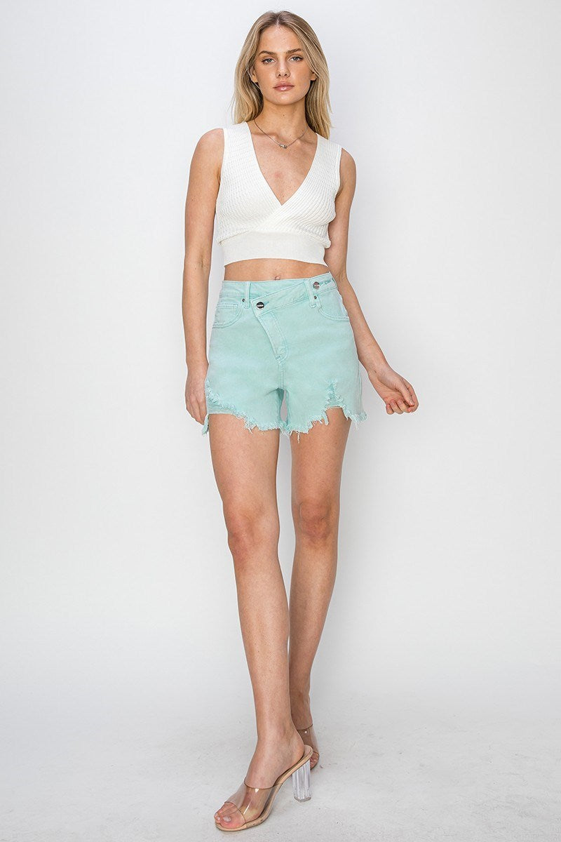 Sadie (Mint) Crossover Distressed-Front RISEN Jean Shorts