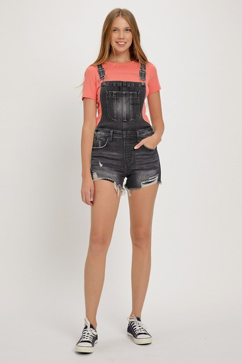 Lydia (Black) Distressed-Front RISEN Jean Overall Shorts