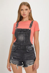 Lydia (Black) Distressed-Front RISEN Jean Overall Shorts