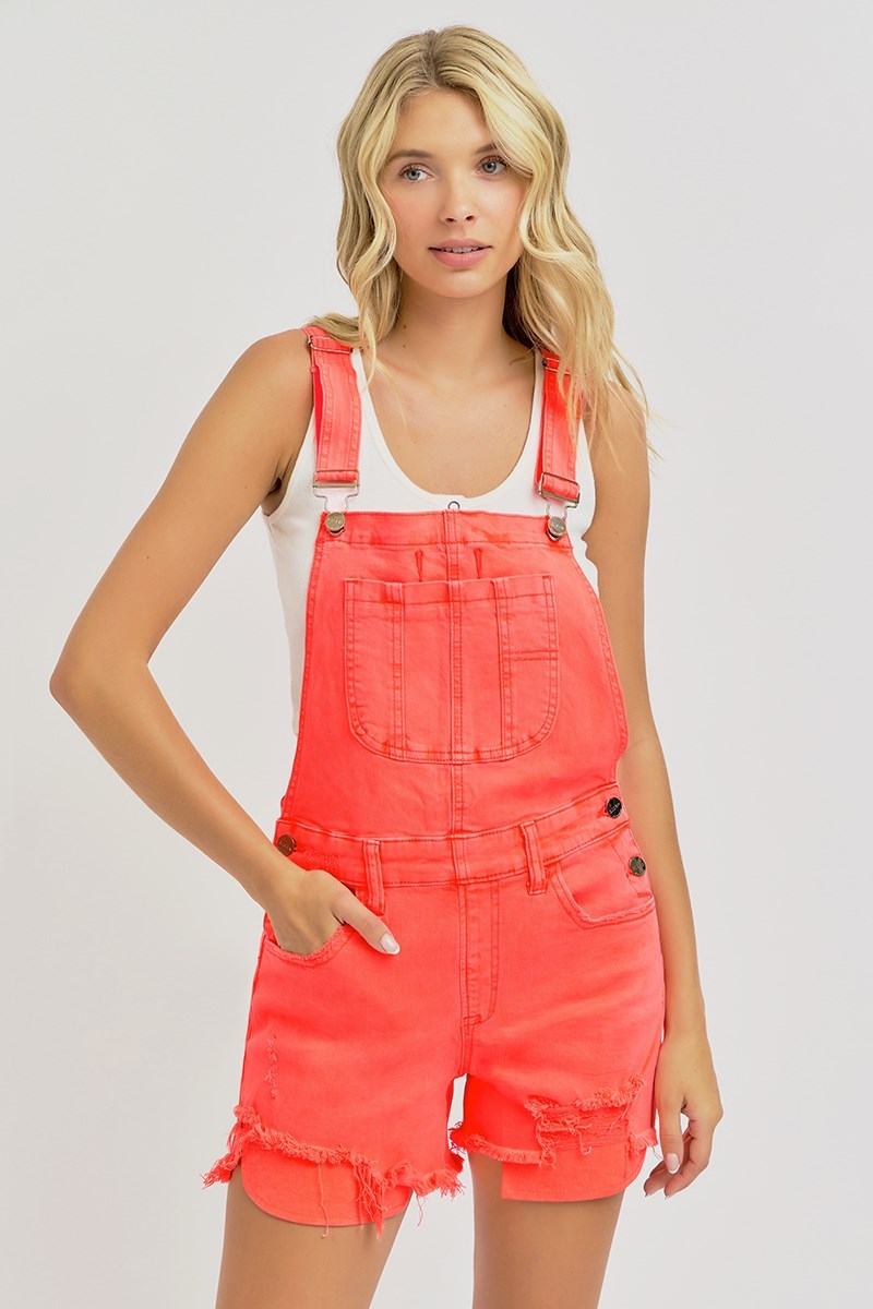 Lydia (Coral) Distressed-Front RISEN Jean Overall Shorts
