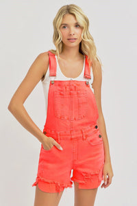 Lydia (Coral) Distressed-Front RISEN Jean Overall Shorts