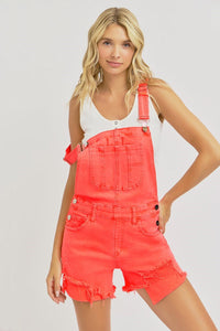 Lydia (Coral) Distressed-Front RISEN Jean Overall Shorts