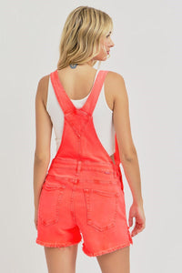 Lydia (Coral) Distressed-Front RISEN Jean Overall Shorts