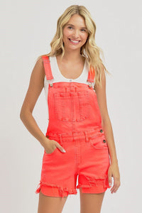 Lydia (Coral) Distressed-Front RISEN Jean Overall Shorts