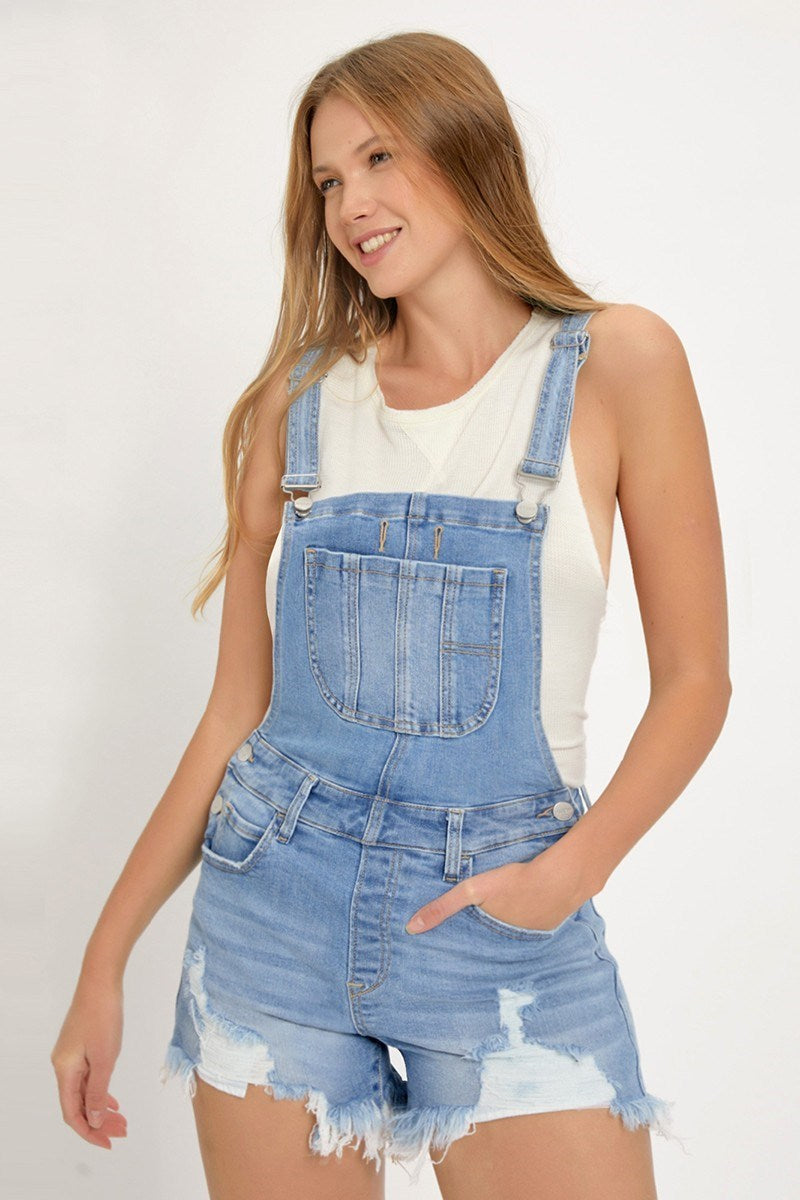 Lydia (Blue Jean) Distressed-Front RISEN Jean Overall Shorts