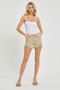Khaki Mid Rise RISEN Shorts with Frayed Hem