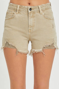 Khaki Mid Rise RISEN Shorts with Frayed Hem