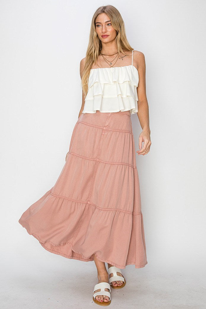 Delilah RISEN (Dark Blush) Tiered Tencel Skirt w/Elastic Waistband