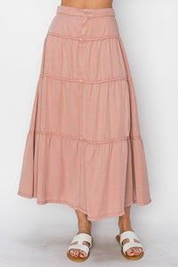 Delilah RISEN (Dark Blush) Tiered Tencel Skirt w/Elastic Waistband
