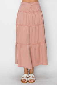 Delilah RISEN (Dark Blush) Tiered Tencel Skirt w/Elastic Waistband
