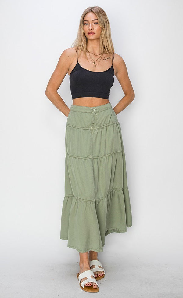 Delilah RISEN (Sage Green) Tiered Tencel Skirt w/Elastic Waistband