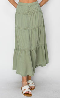 Delilah RISEN (Sage Green) Tiered Tencel Skirt w/Elastic Waistband
