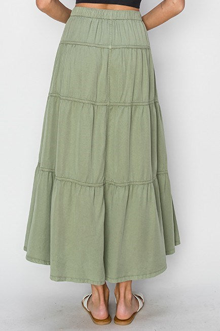 Delilah RISEN (Sage Green) Tiered Tencel Skirt w/Elastic Waistband