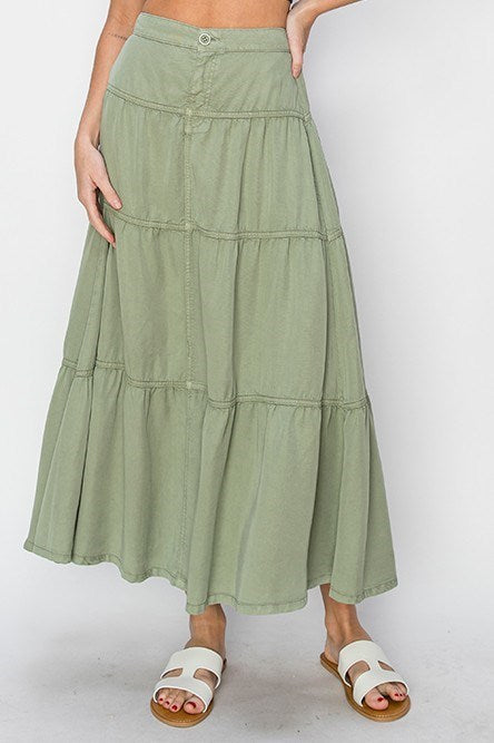 Delilah RISEN (Sage Green) Tiered Tencel Skirt w/Elastic Waistband
