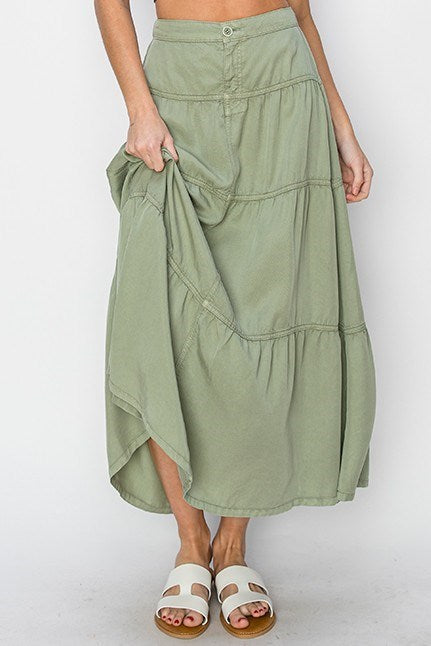 Delilah RISEN (Sage Green) Tiered Tencel Skirt w/Elastic Waistband