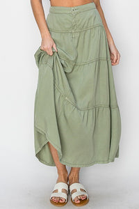 Delilah RISEN (Sage Green) Tiered Tencel Skirt w/Elastic Waistband