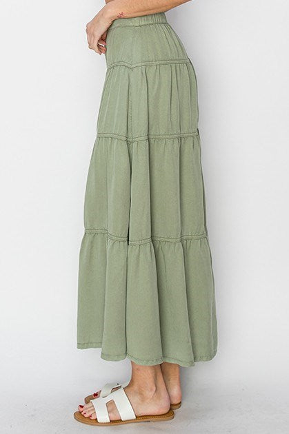 Delilah RISEN (Sage Green) Tiered Tencel Skirt w/Elastic Waistband