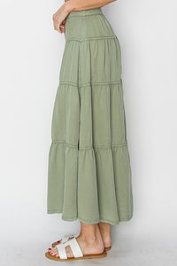 Delilah RISEN (Sage Green) Tiered Tencel Skirt w/Elastic Waistband