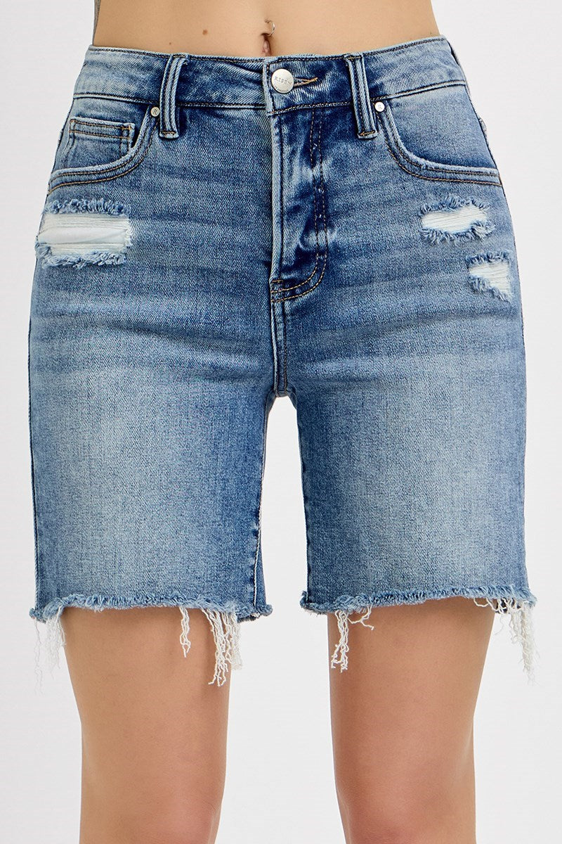Tummy Control Mid Length RISEN Blue Jean Shorts