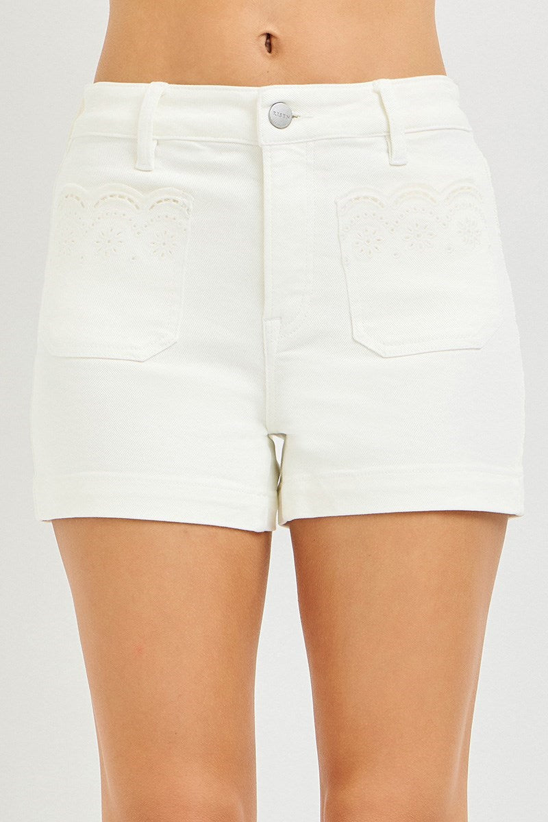 Lucille High Rise RISEN (Cream) Jeans Shorts w/Embroidered Pockets