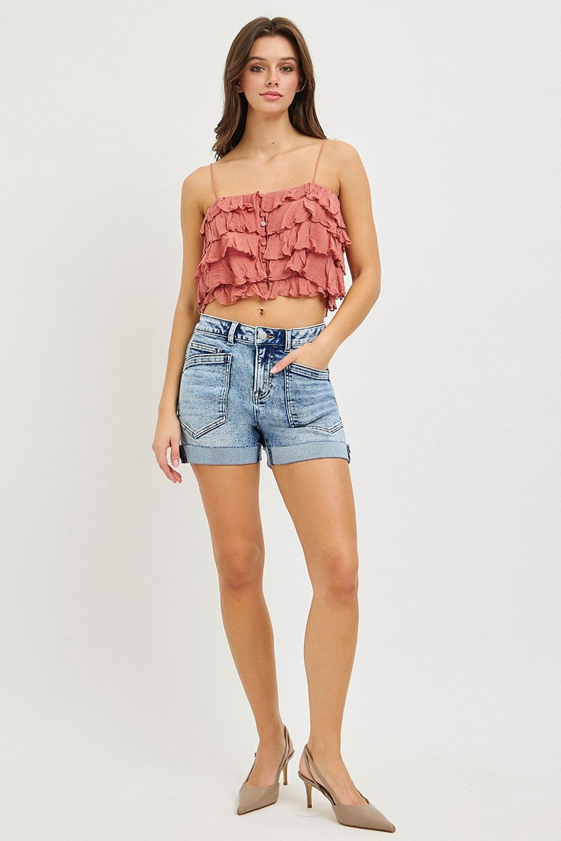 Nancy Patched Pocket RISEN Blue Jean Shorts