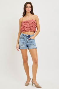 Nancy Patched Pocket RISEN Blue Jean Shorts