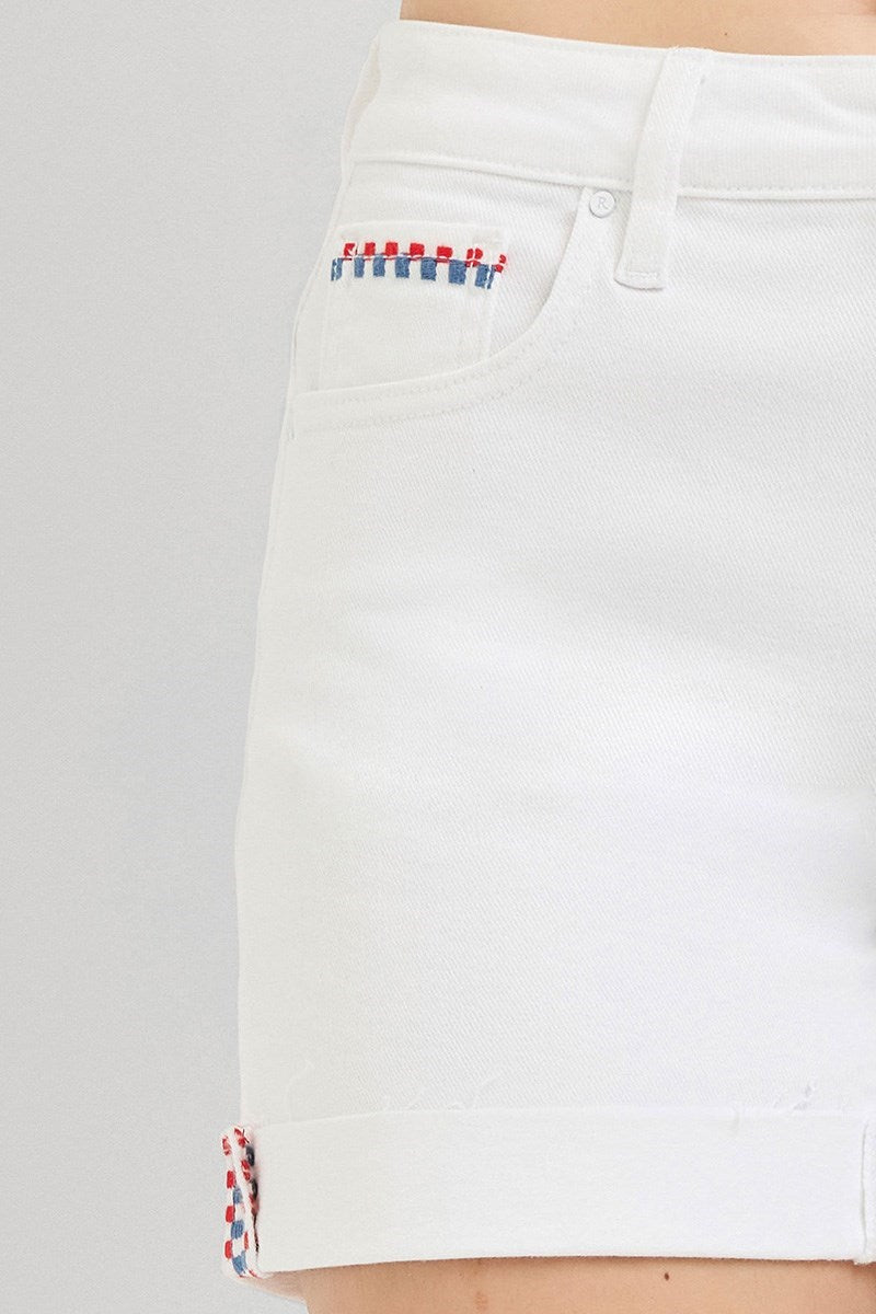The Patriot - High Rise (White) RISEN Jean Shorts with Embroidered Detail