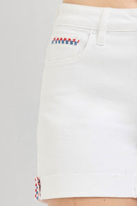 The Patriot - High Rise (White) RISEN Jean Shorts with Embroidered Detail