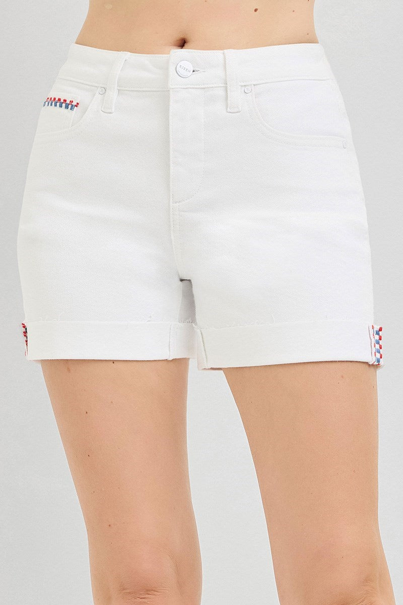 The Patriot - High Rise (White) RISEN Jean Shorts with Embroidered Detail