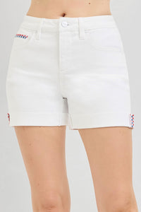 The Patriot - High Rise (White) RISEN Jean Shorts with Embroidered Detail