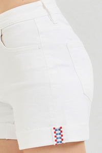 The Patriot - High Rise (White) RISEN Jean Shorts with Embroidered Detail
