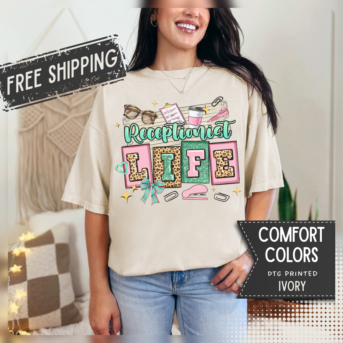 Receptionist Life - Comfort Colors | Trendy Women's T-Shirt. Direct to Garment. Printed & Shipped in the USA. Unisex Sizes.