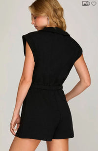 Textured (Black) Front Zip Shorts Romper with Pockets