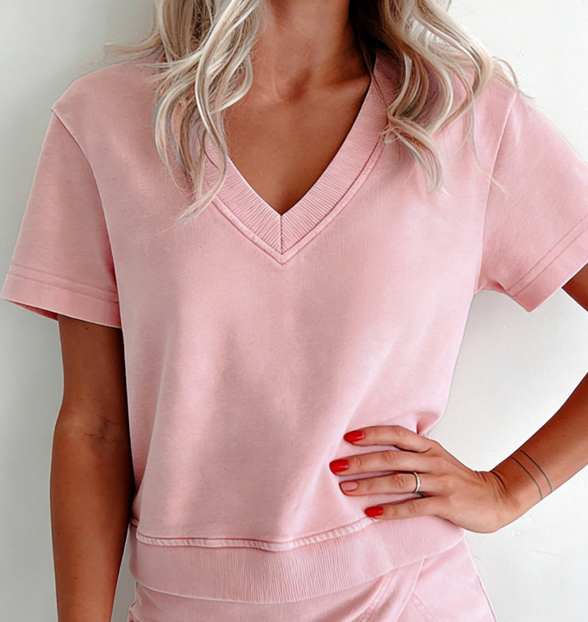 Light Pink Mineral Wash Cotton V-Neck Short Sleeve Top