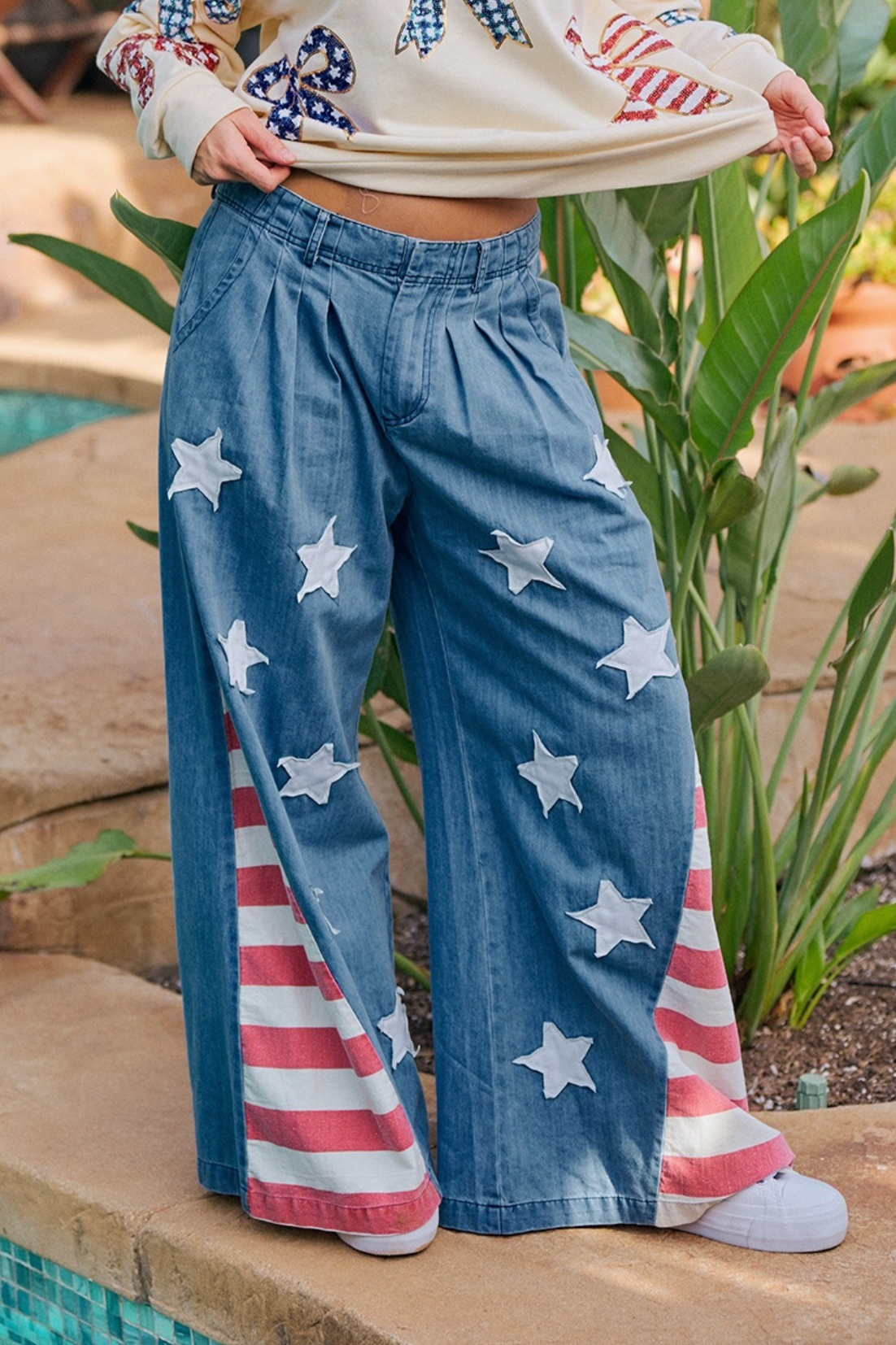 American Flag Vintage Washed Jeans w/Star Patches - Soft Denim