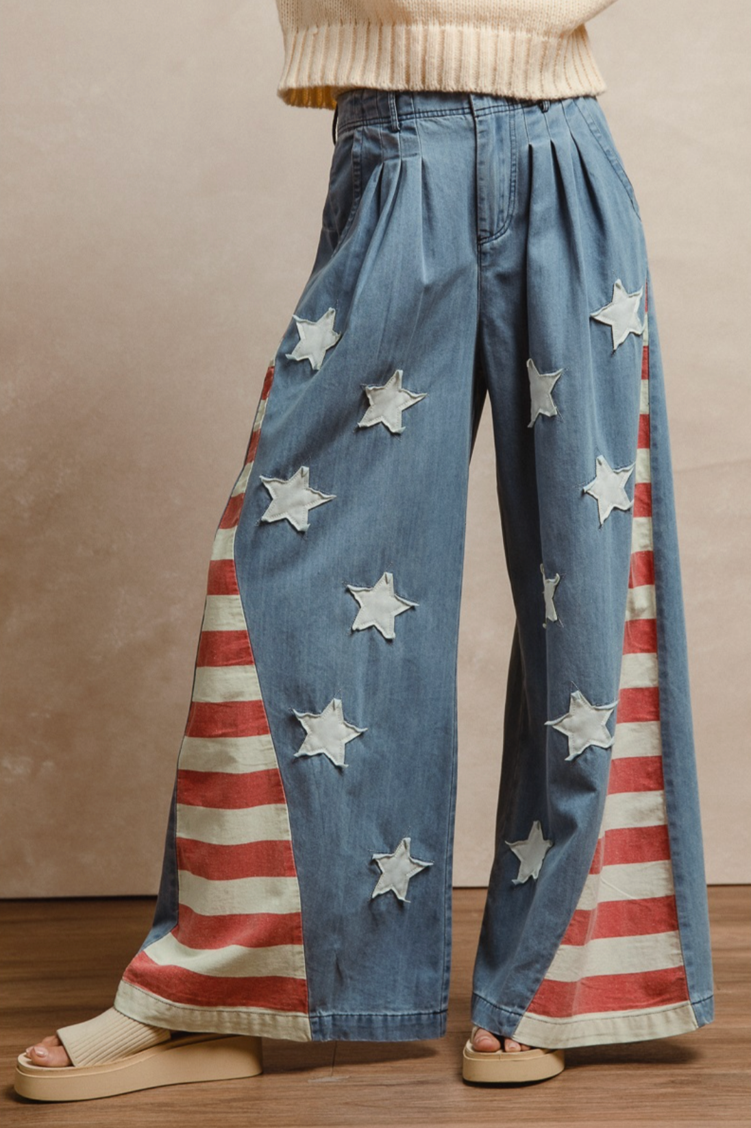 American Flag Vintage Washed Jeans w/Star Patches - Soft Denim