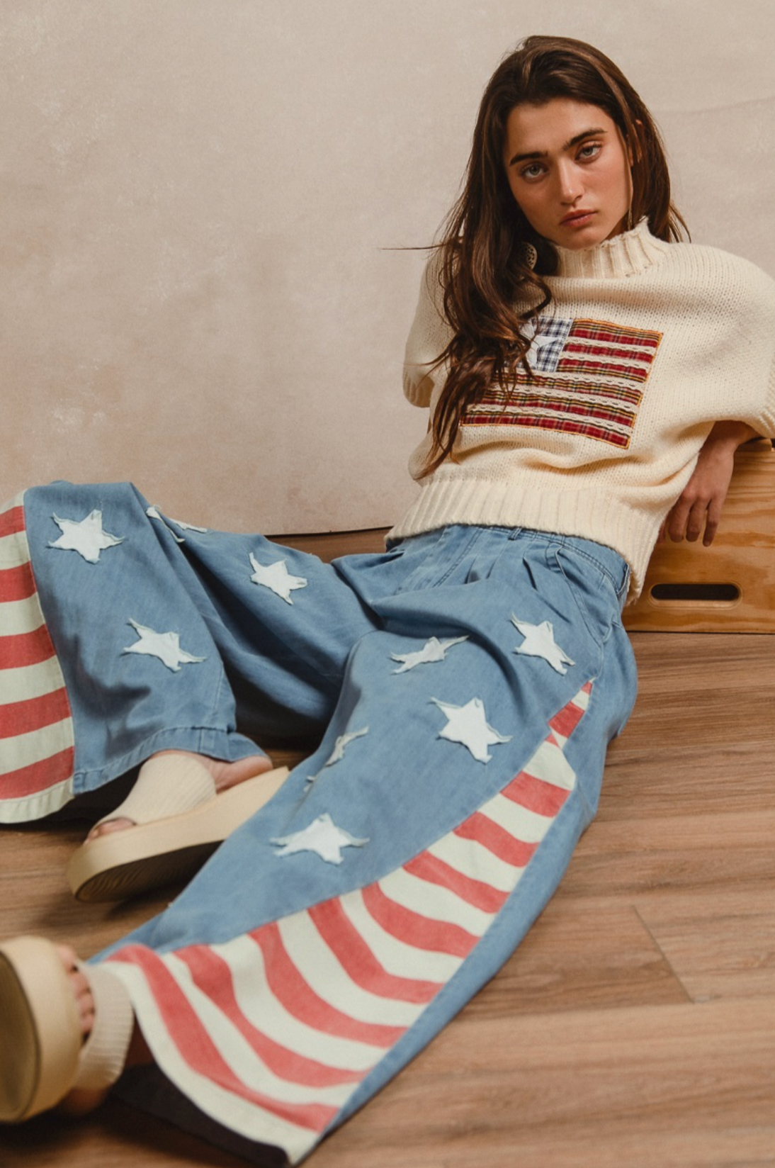 American Flag Vintage Washed Jeans w/Star Patches - Soft Denim